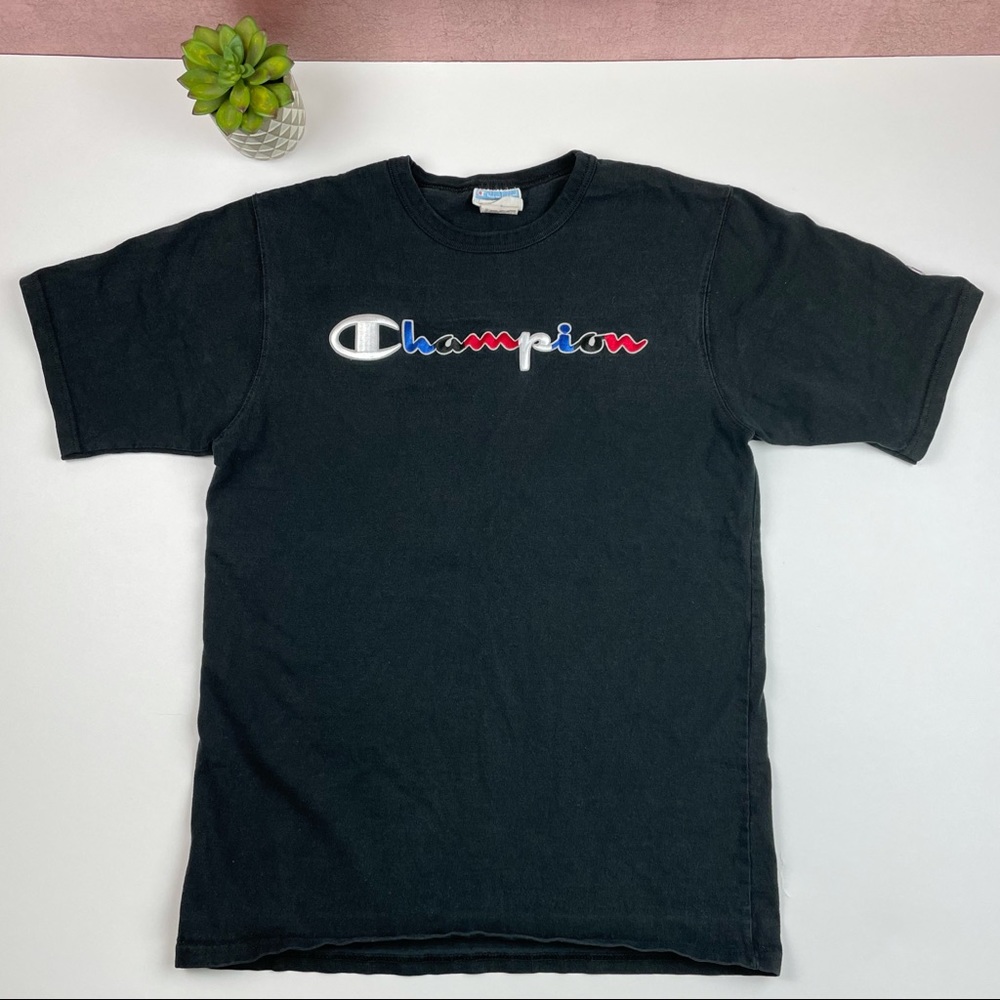 Champion Black Red White Blue Logo Tee Shirt Medium
